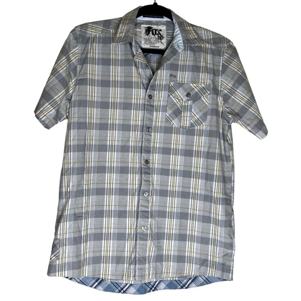 Custom Built By Fox Shirt Men XL Blue White Plaid Short Sleeve Classic Button-Up